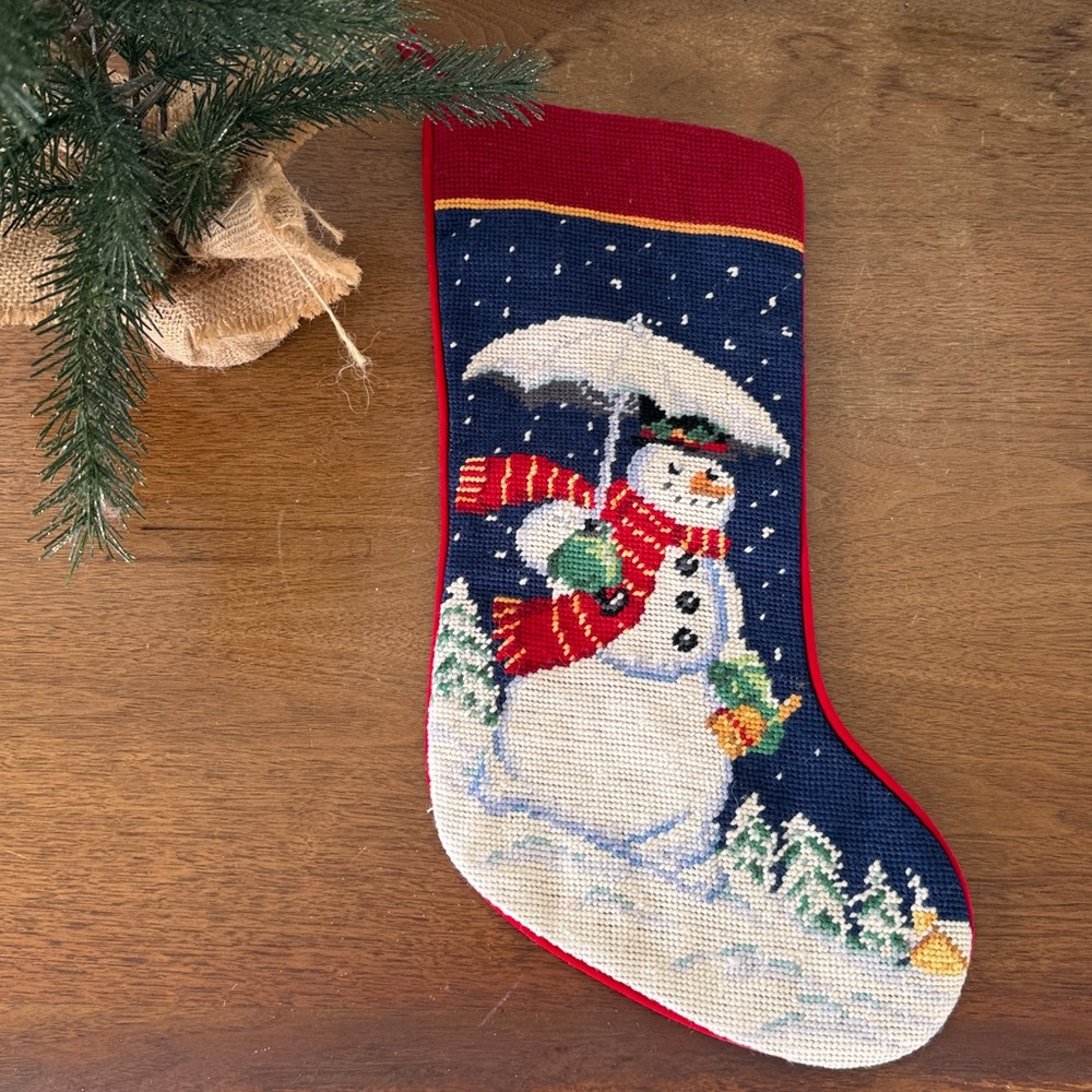 Vintage Needlepoint Wool Snowman Christmas Stocking Velvet Back - 10”x17”